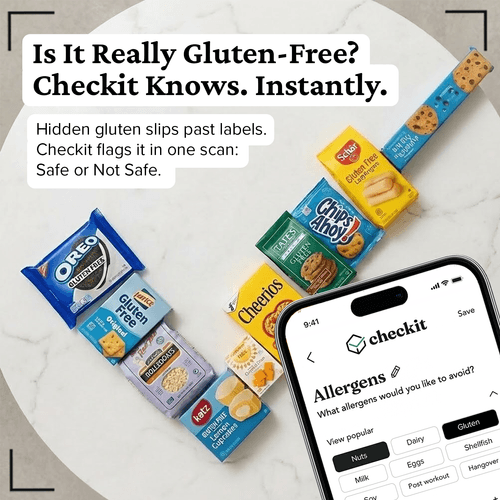 An assortment of gluten-free snack packages and a smartphone displaying a checkit app for allergens, on a white surface.
