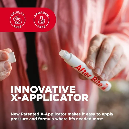 A person in a pink jacket holding a white tube labeled 'After Bite' with a red cap. Icons indicating the product is cruelty-free and paraben-free are in the top left corner. The text reads 'Innovative X-Applicator' and describes it as a new patented 