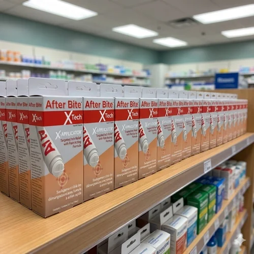 Shelf in a pharmacy or store displaying multiple boxes of After Bite X-Tech topical ointment for itching relief.